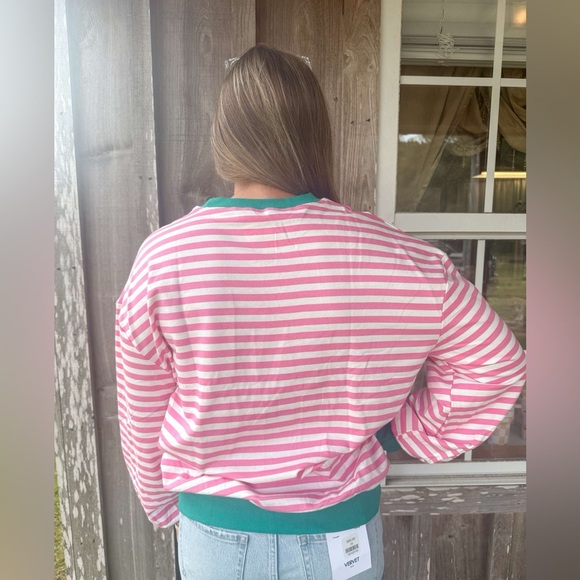 Pink And White Comfortable Crew Neck Striped Color Contrast Pullover Sweatshirt - Picture 4 of 5